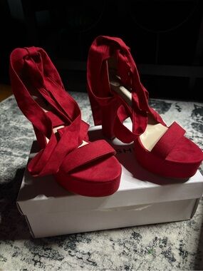Fashion Nova Red Suede Platform Lace-Up Heels